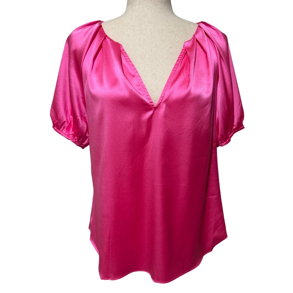 Flora Bella Neriah Silk Charmeuse Puff Sleeve Pleated V-Neck Blouse Top Size XS‎